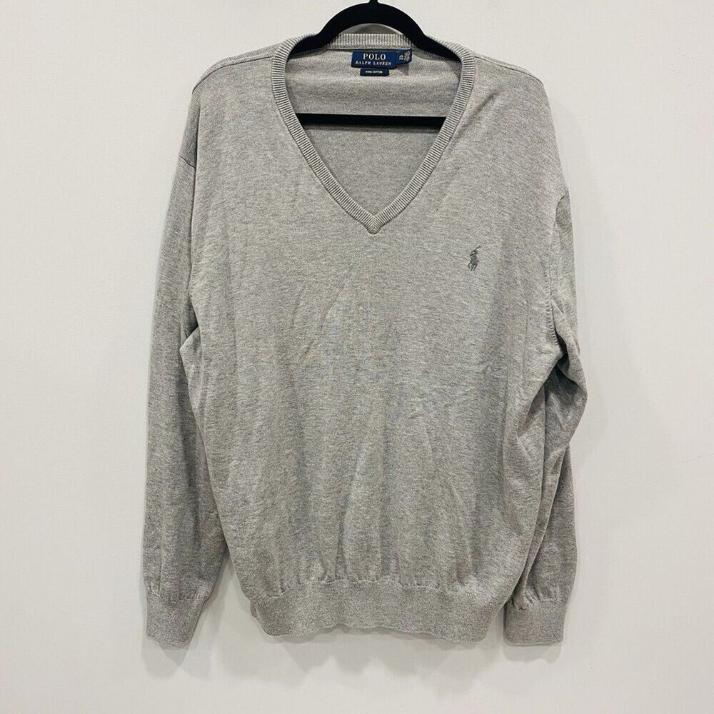 POLO RALPH LAUREN Mens XXL Gray Pony Pima Cotton V-Neck Knit Sweater Preppy Golf